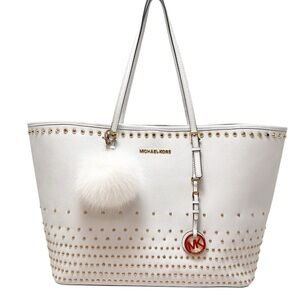 MK Jet Set Travel Studded Tote Optic White Leather Fox Fur Pom Dust Bag